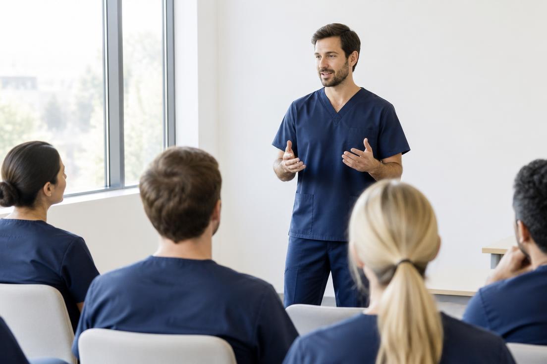 Faculty presenting to a small group of doctors